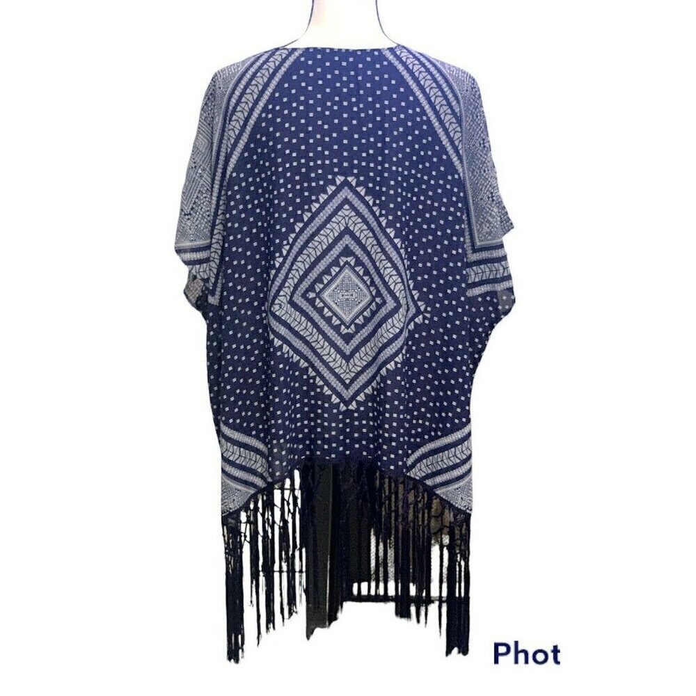 Maurices Womens Open Front Fringe Bottom Cardigan Size S/M Sleeve Blue White